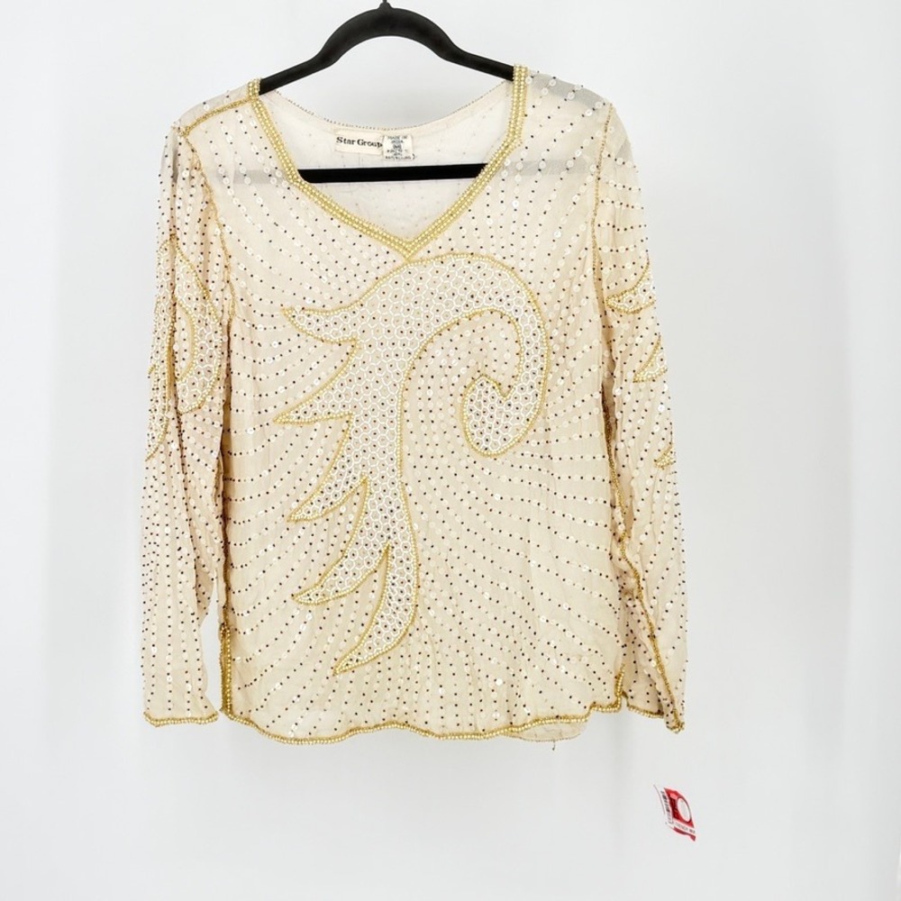 Vintage‎ New Silk Beaded Sequin Blouse Cream Art Deco Top M NOS India Fairy Boho